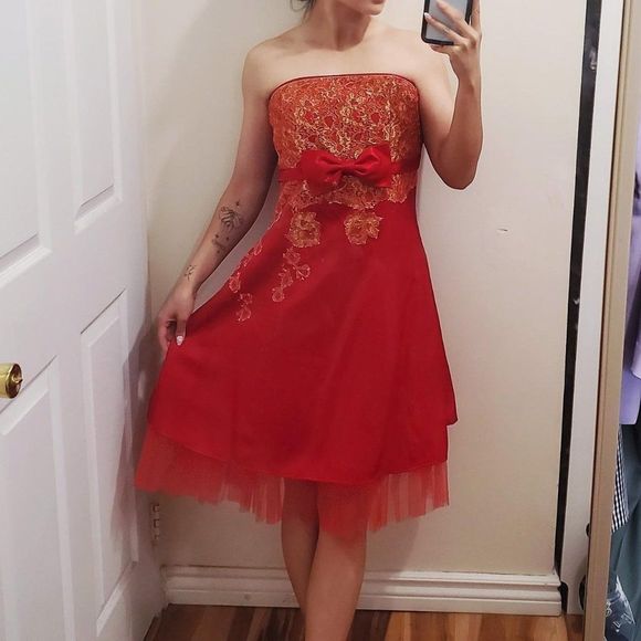 foral embroidery tutu puff a-line sleeveless strapless formal dress w/ bowtie - Picture 2 of 4